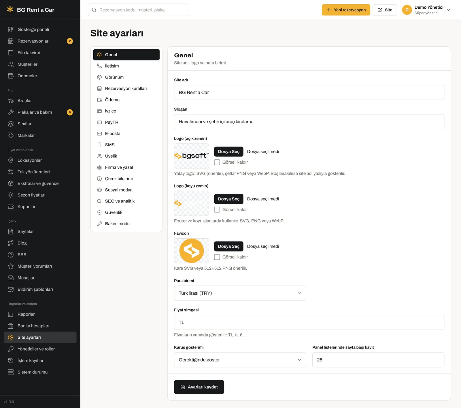 Araç Kiralama Yazılımı – Yönetim paneli: site ayarları
