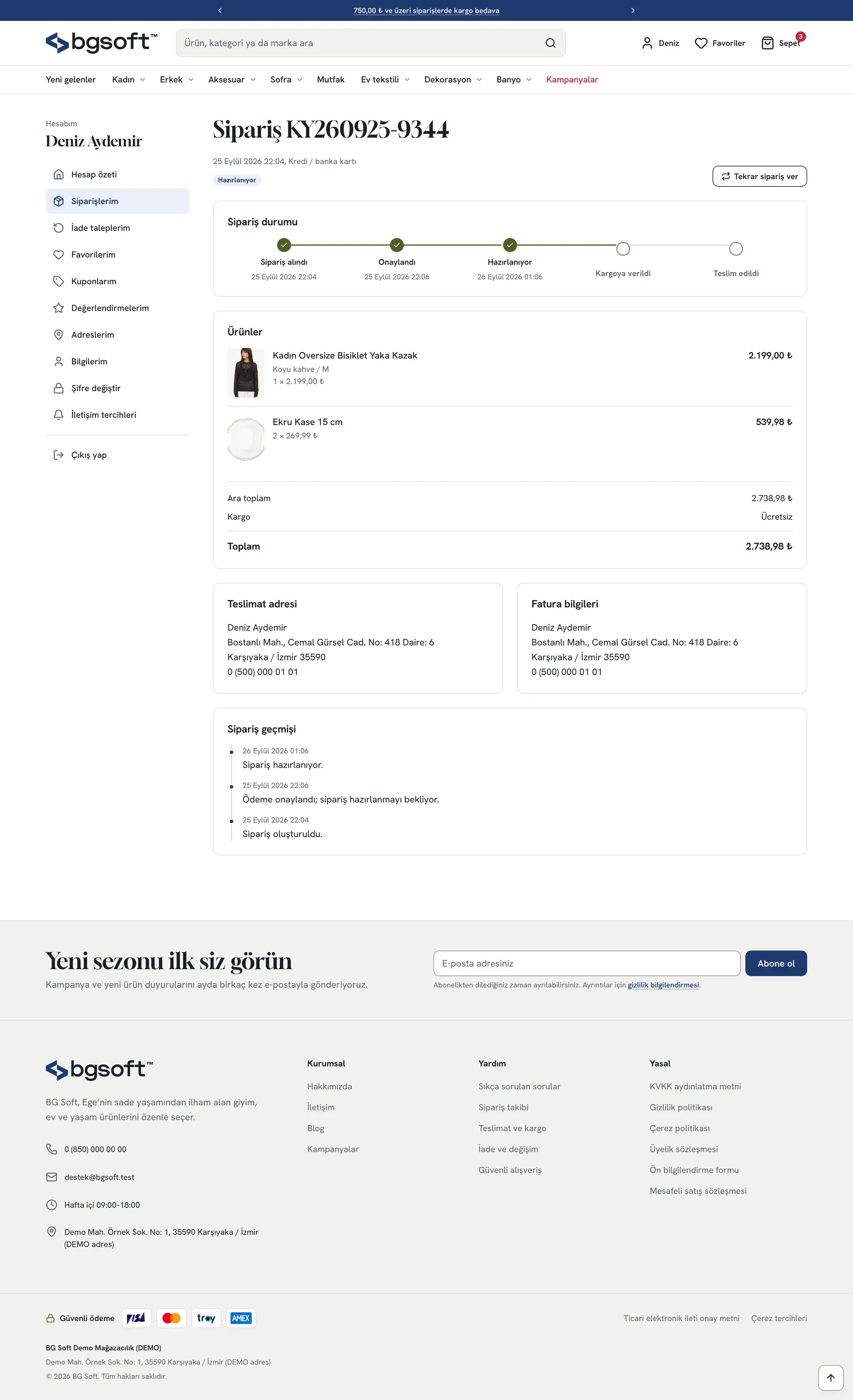 E-Ticaret Sitesi PRO – Hesabım: sipariş detayı