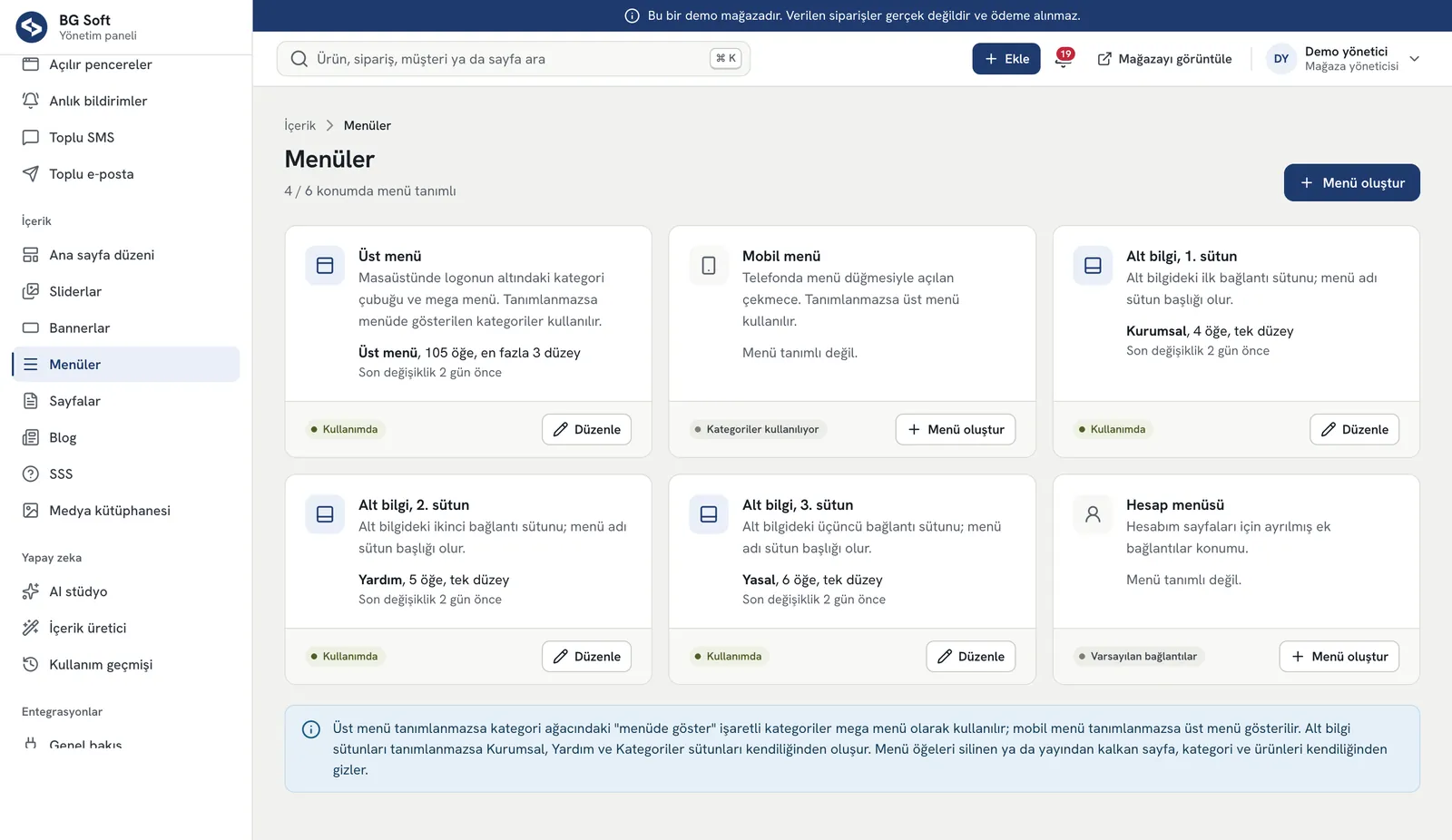 E-Ticaret Sitesi PRO – Yönetim paneli: menüler