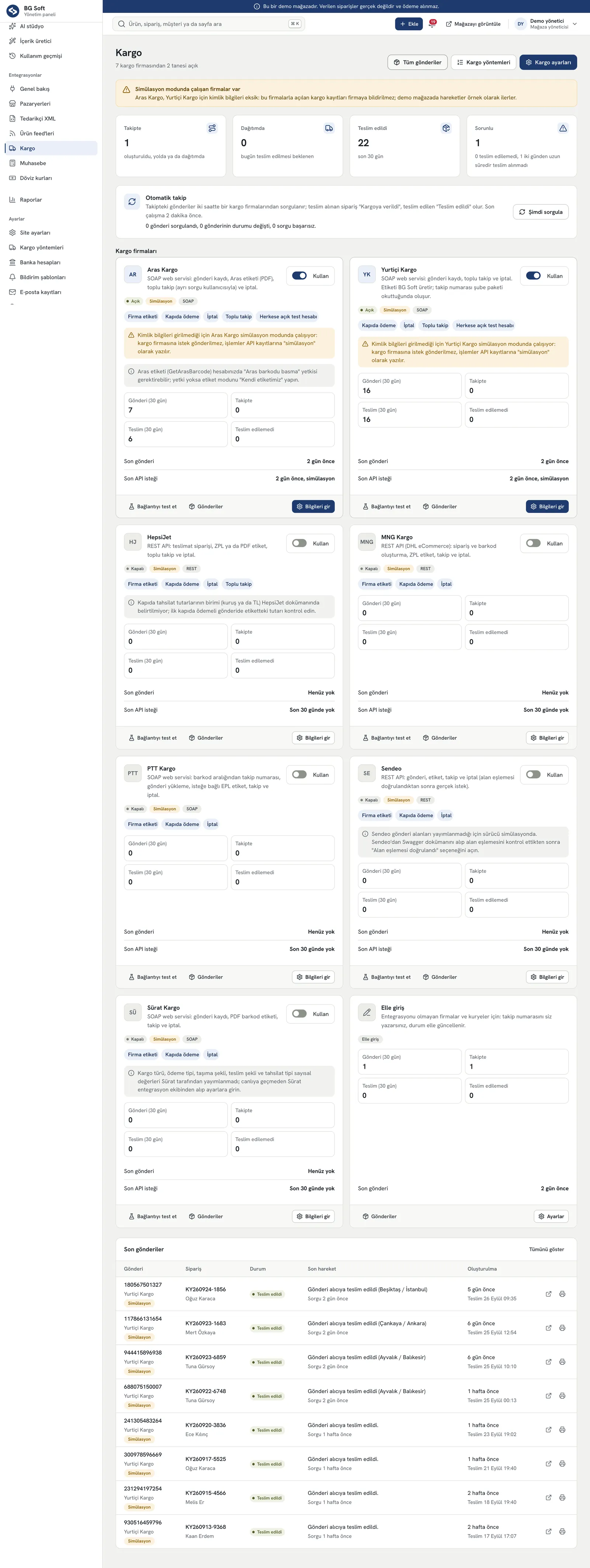 E-Ticaret Sitesi PRO – Yönetim paneli: kargo entegrasyonu