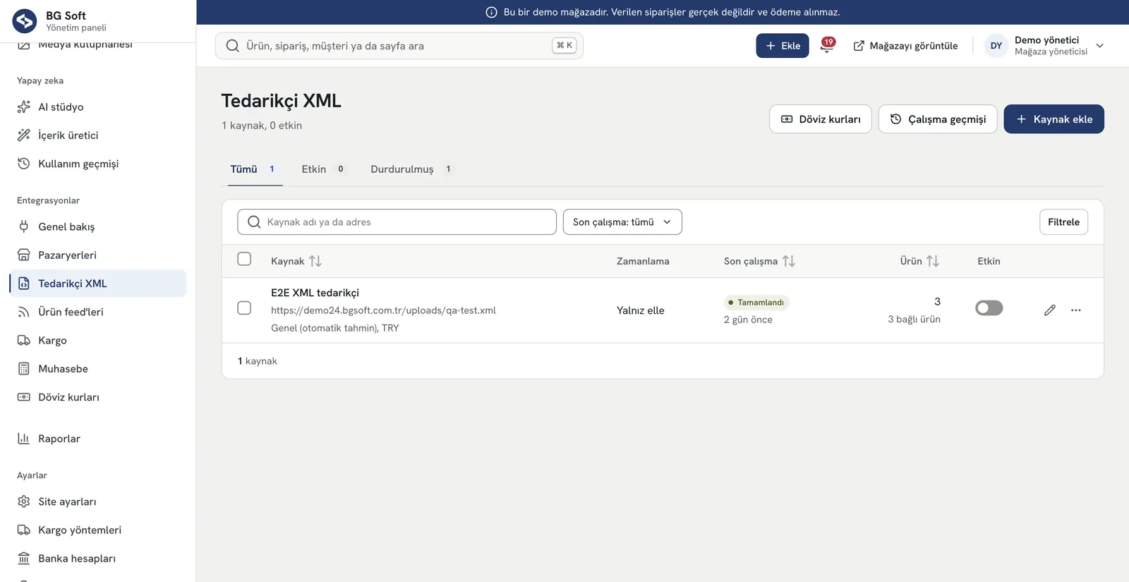 E-Ticaret Sitesi PRO – Yönetim paneli: tedarikçi XML