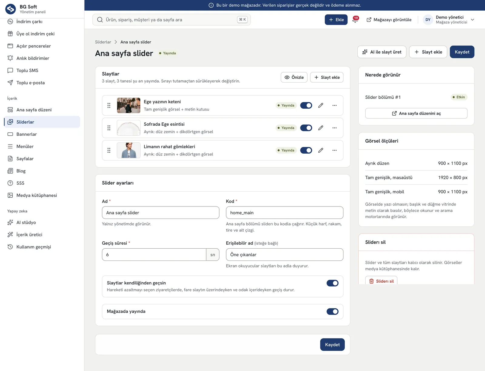 E-Ticaret Sitesi PRO – Yönetim paneli: slider yönetimi