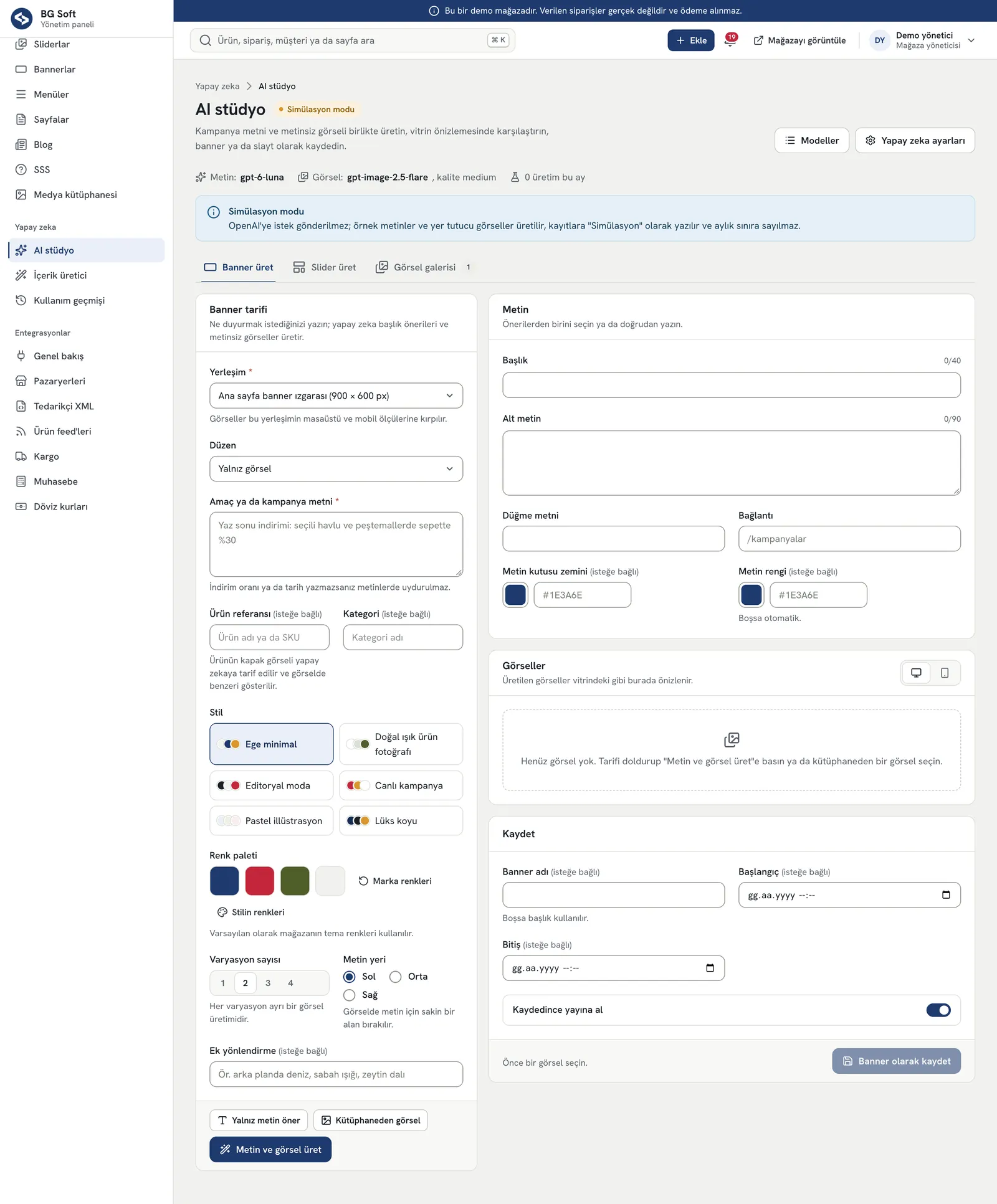 E-Ticaret Sitesi PRO – Yönetim paneli: AI stüdyo