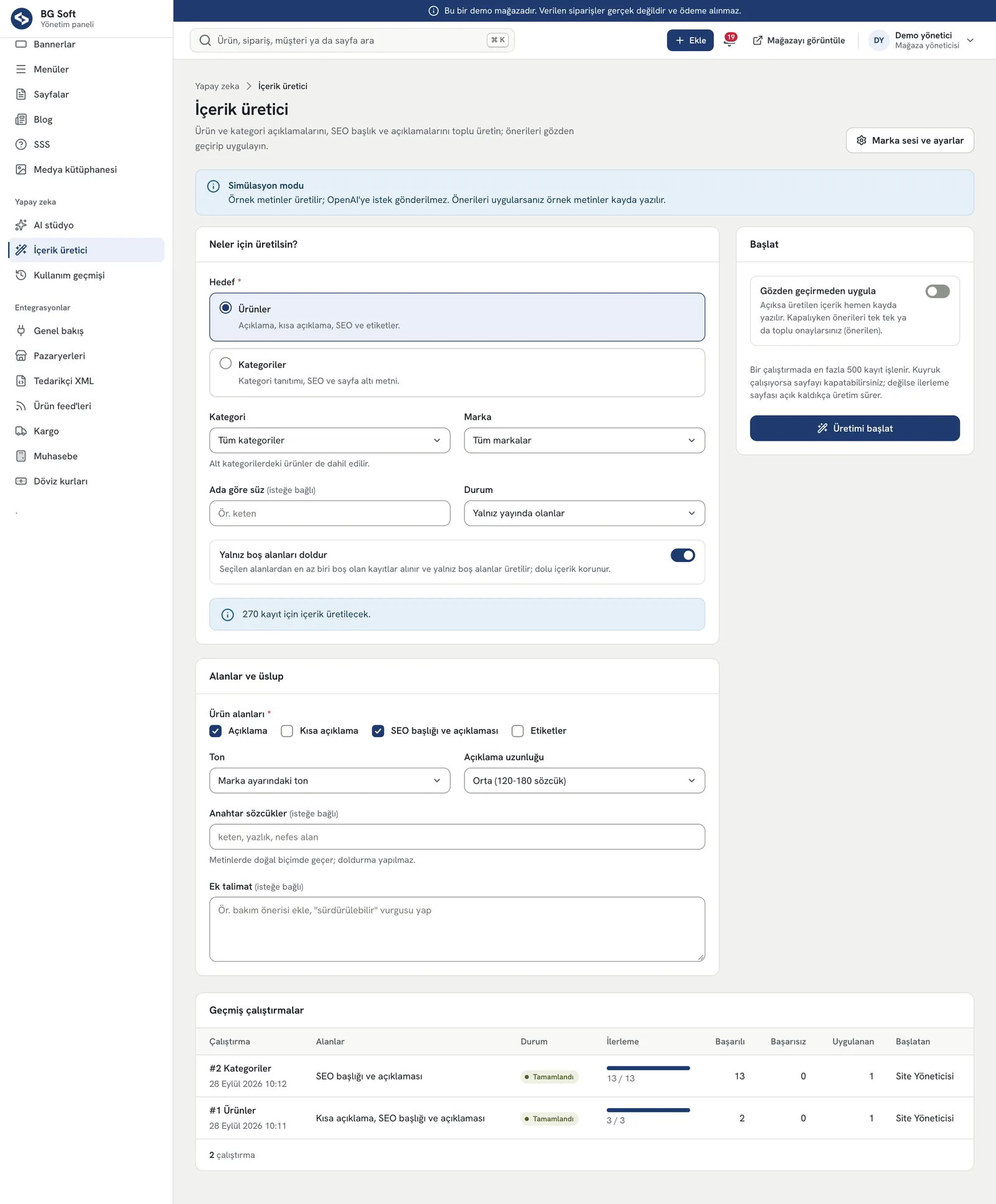 E-Ticaret Sitesi PRO – Yönetim paneli: yapay zekâ içerik üretici
