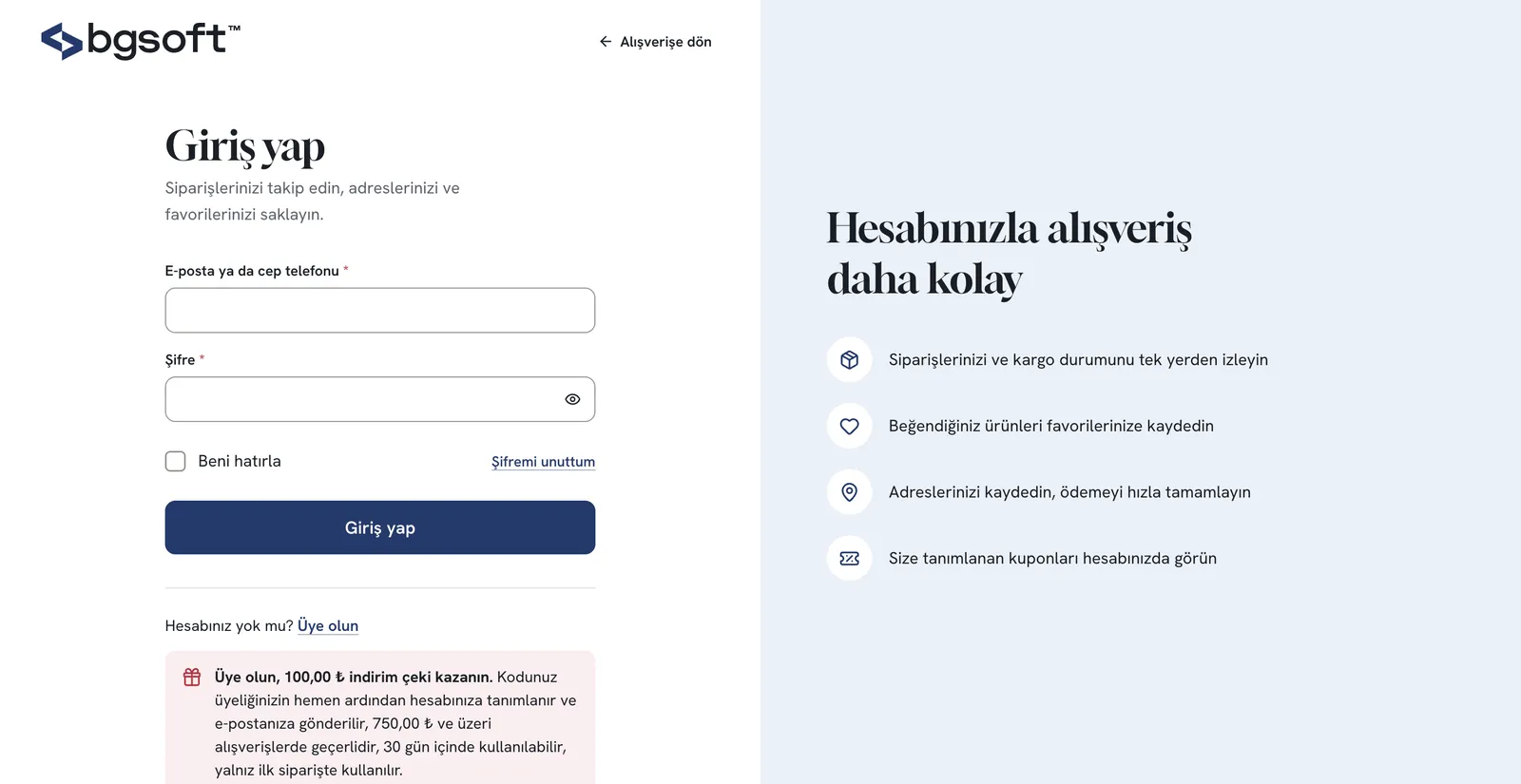 E-Ticaret Sitesi PRO – Giriş yap ve üye ol indirimi