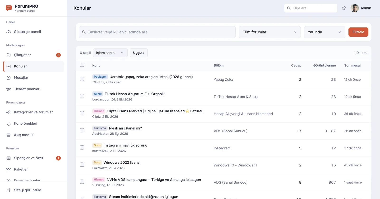 Forum Sitesi Yazılımı PRO – Yönetim – Konu yönetimi