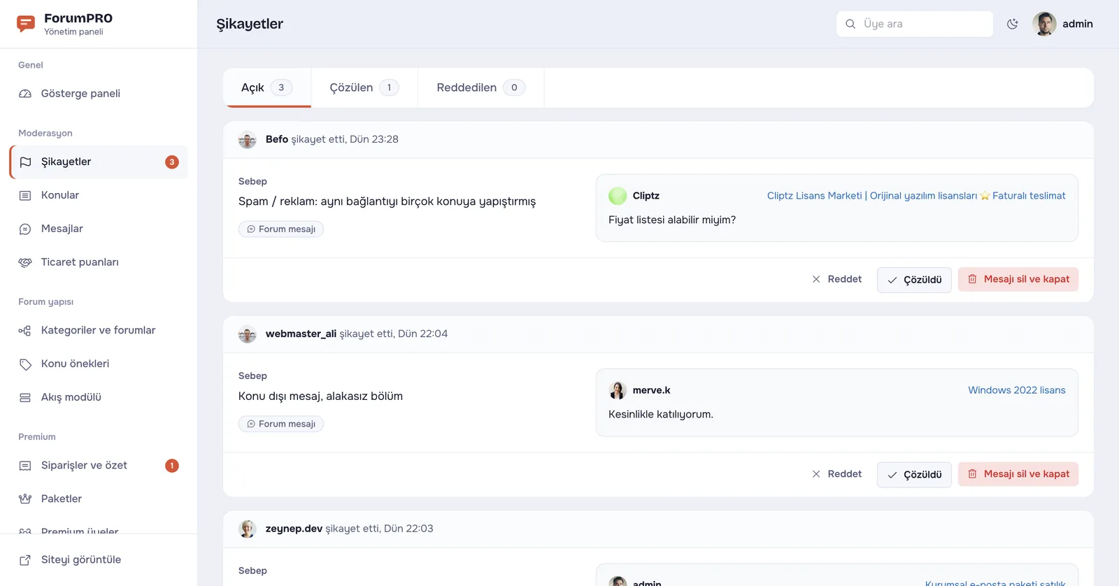 Forum Sitesi Yazılımı PRO – Yönetim – Şikayetler