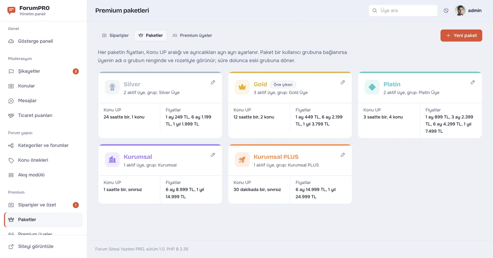 Forum Sitesi Yazılımı PRO – Yönetim – Premium paketleri