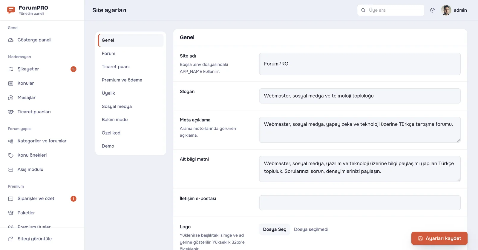 Forum Sitesi Yazılımı PRO – Yönetim – Site ayarları