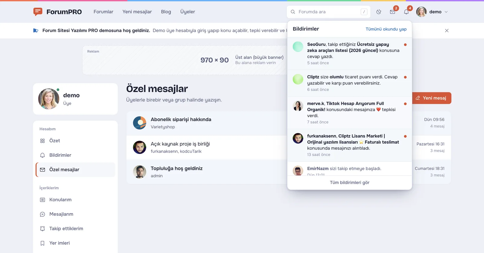 Forum Sitesi Yazılımı PRO – Bildirim menüsü