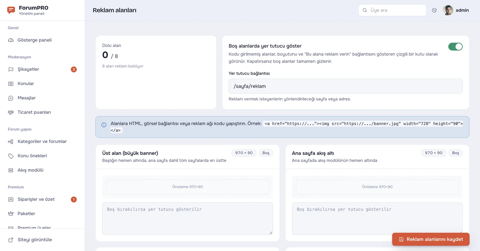 Forum Sitesi Yazılımı PRO – Yönetim – Reklam yönetimi
