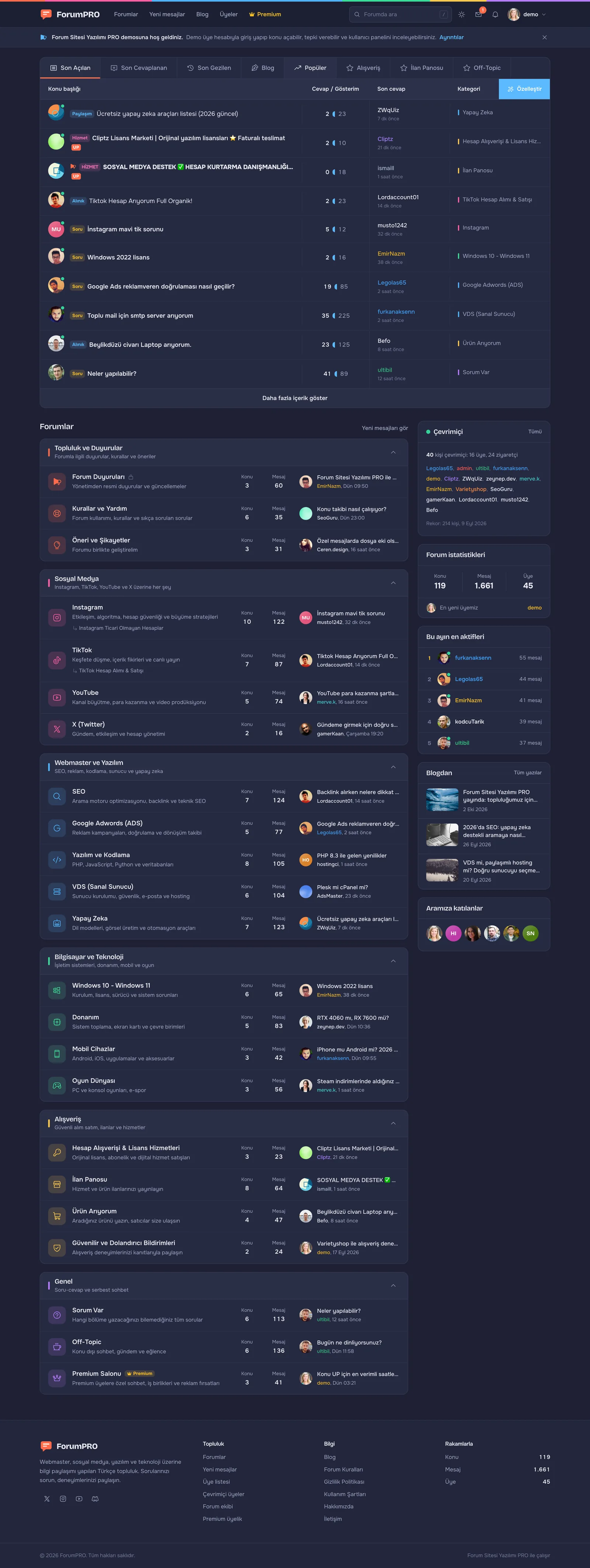 Forum Sitesi Yazılımı PRO – Anasayfa (koyu tema)