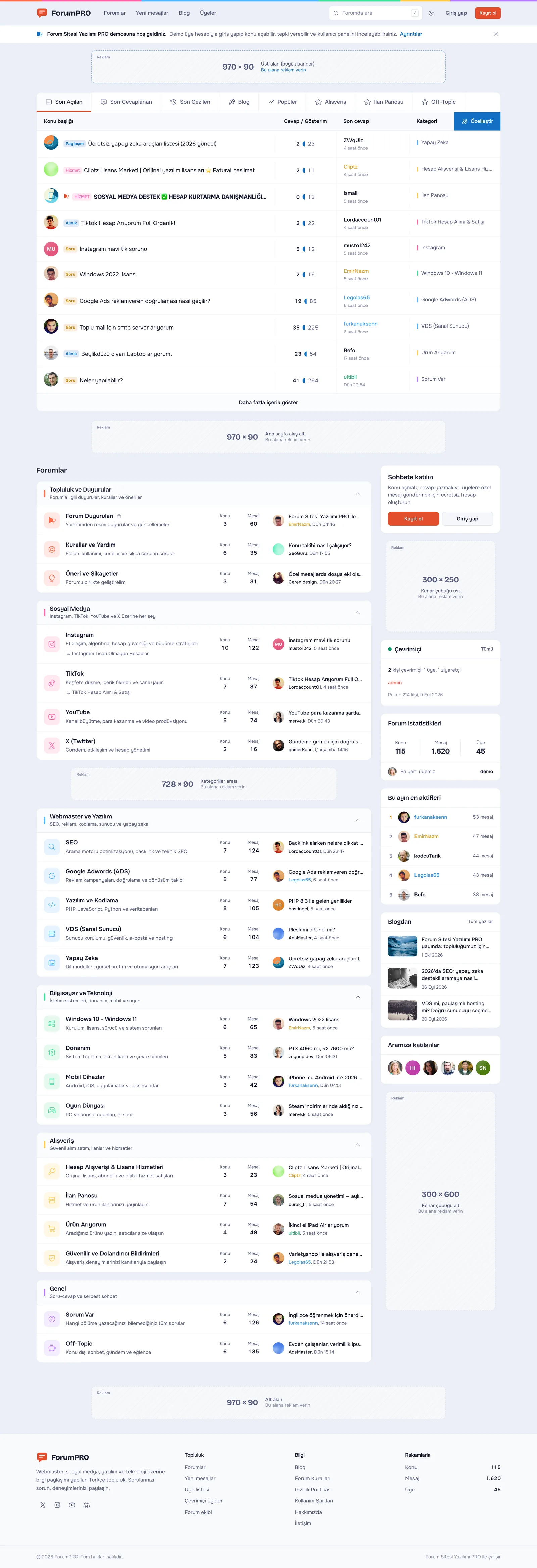 Forum Sitesi Yazılımı PRO – Anasayfa (açık tema, reklam alanları)