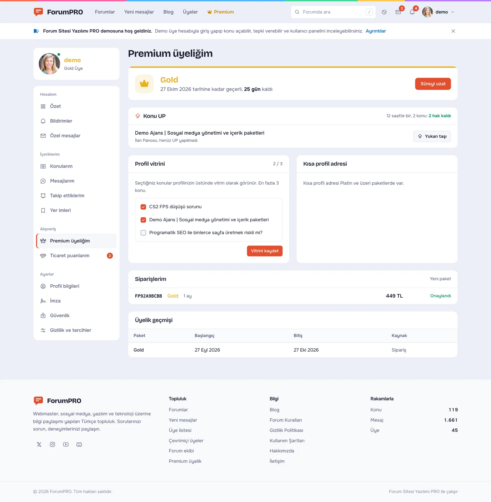 Forum Sitesi Yazılımı PRO – Premium üyeliğim ve Konu UP
