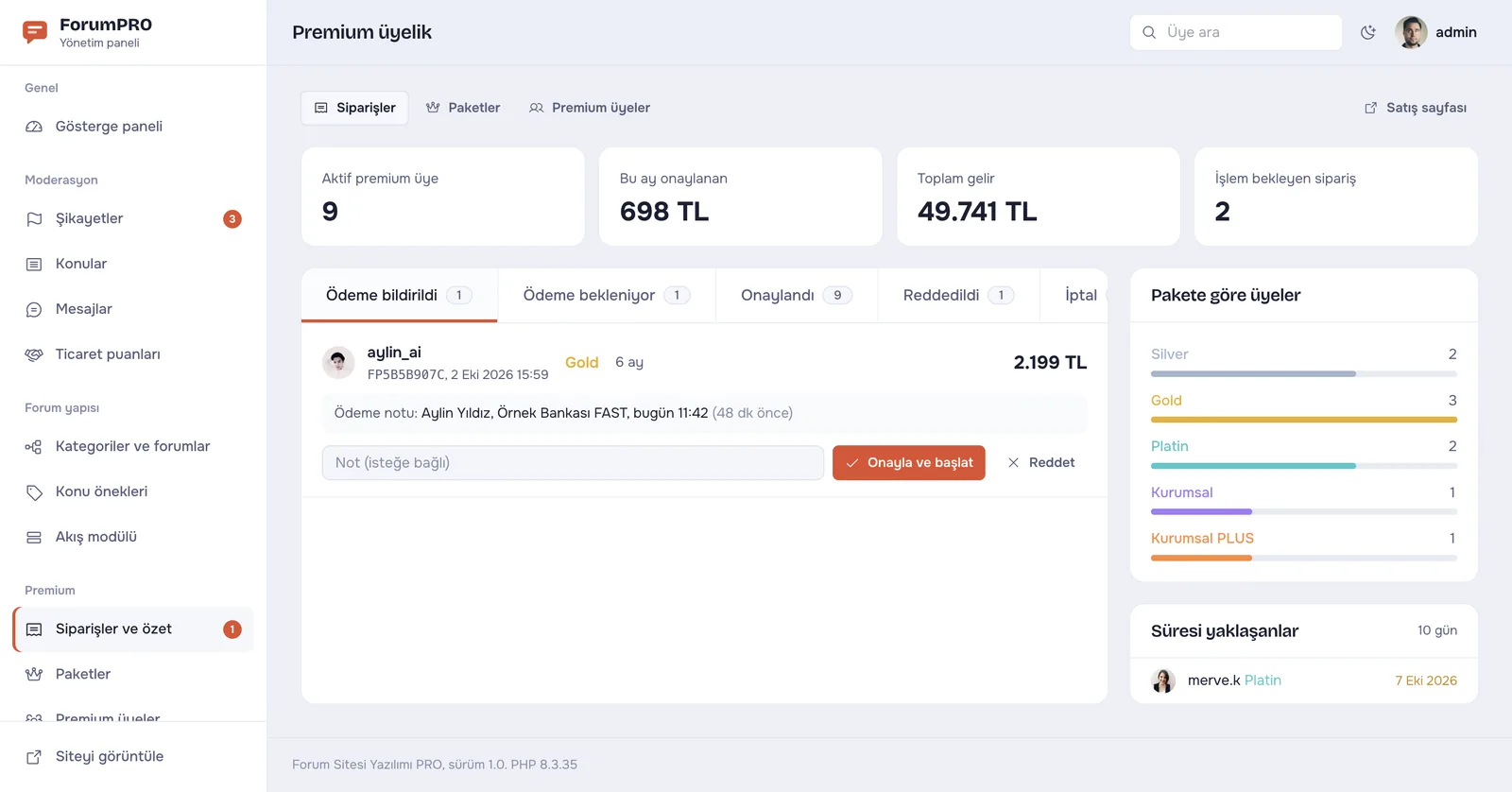 Forum Sitesi Yazılımı PRO – Yönetim – Premium siparişleri