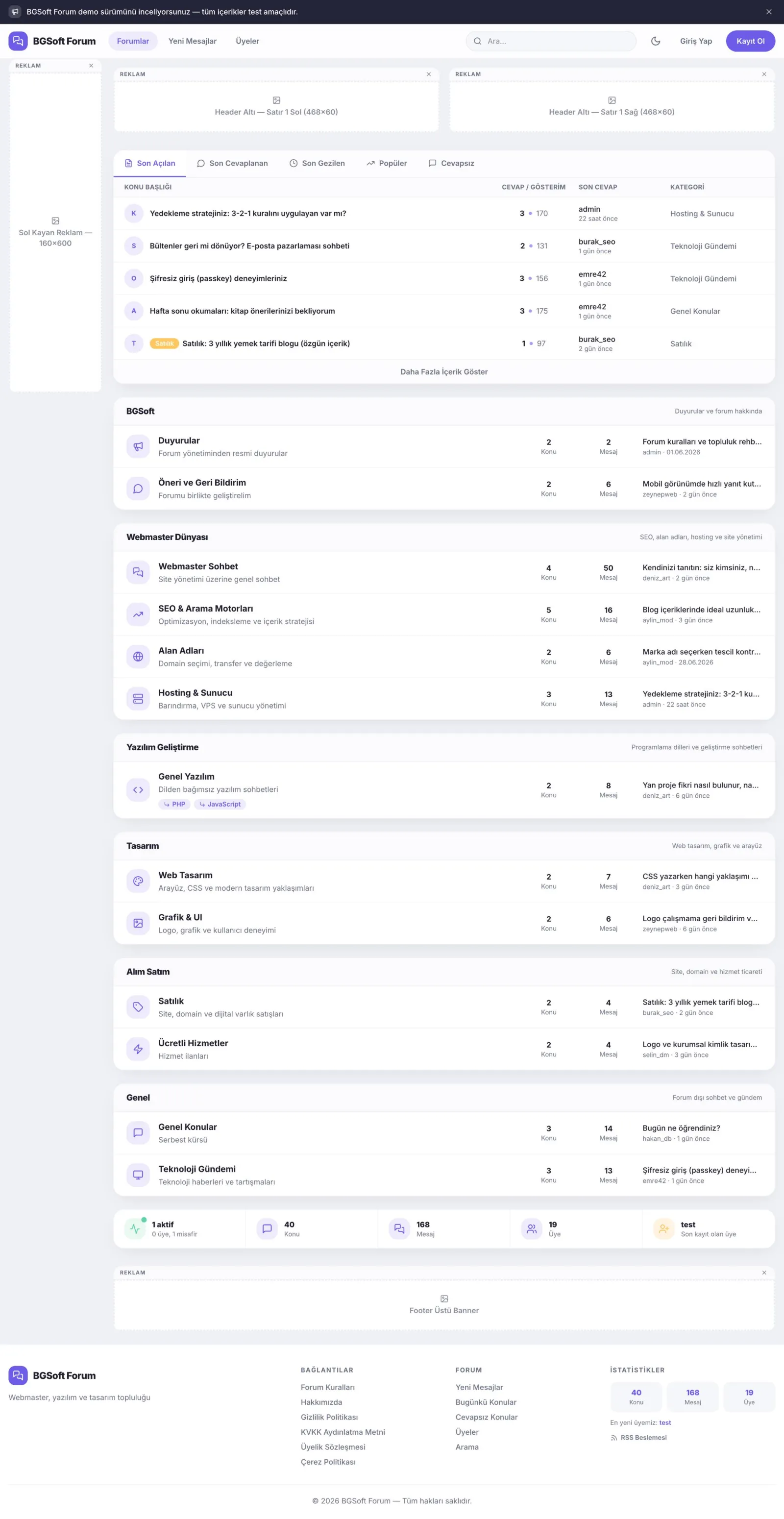 Forum Yazılımı demo ana sayfası