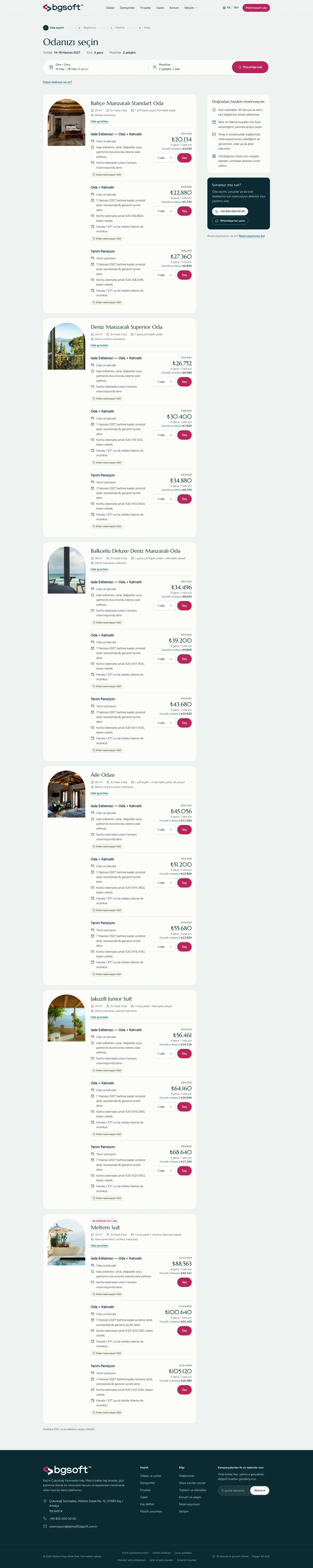 Otel Sitesi Yazılımı – Müsait odalar ve fiyat seçenekleri