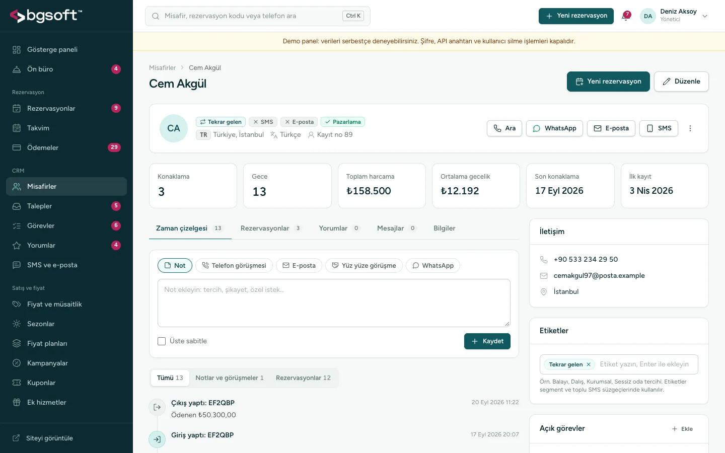 Otel Rezervasyon Yazılımı PRO – Yönetim – Misafir profili (CRM)
