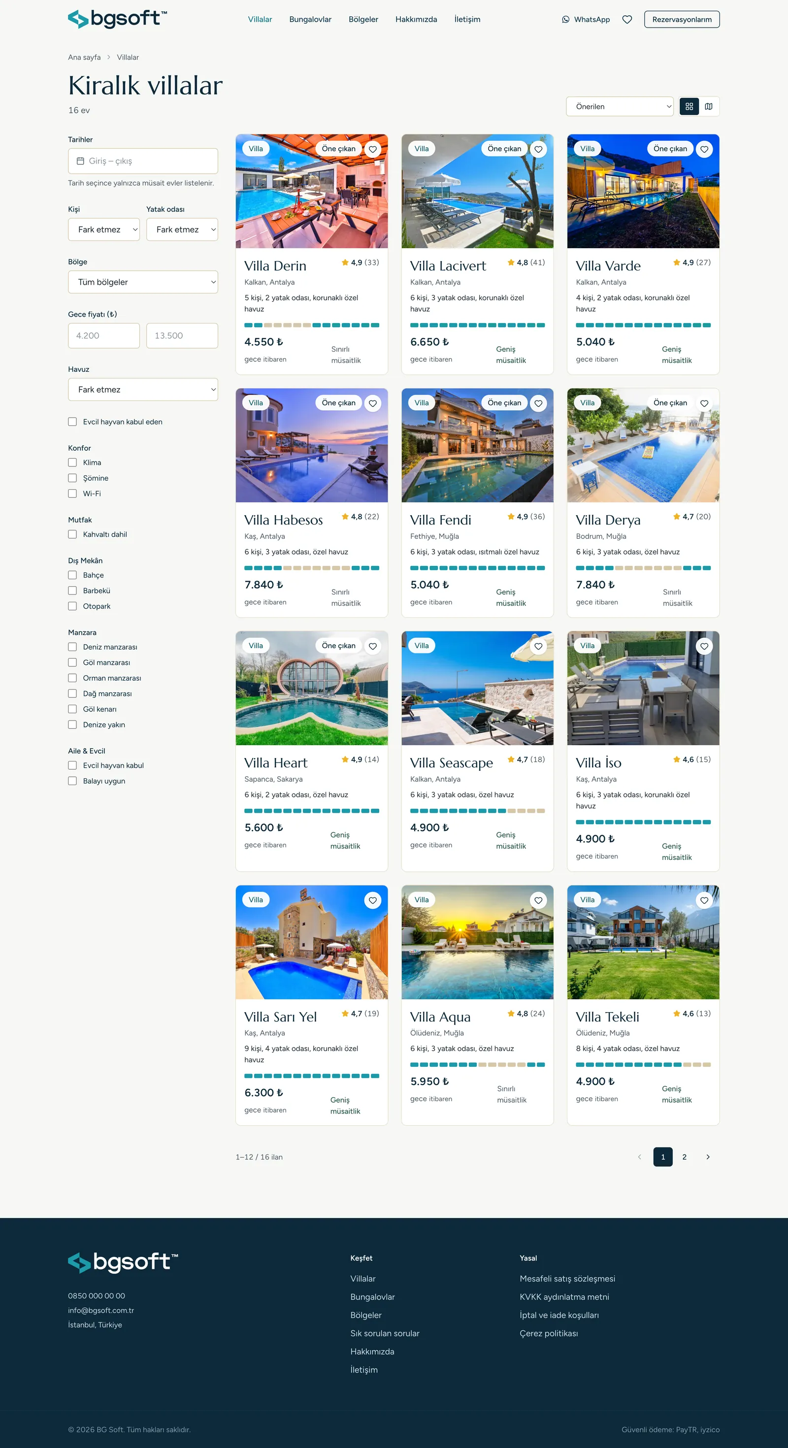 Villa listesi ve filtreler